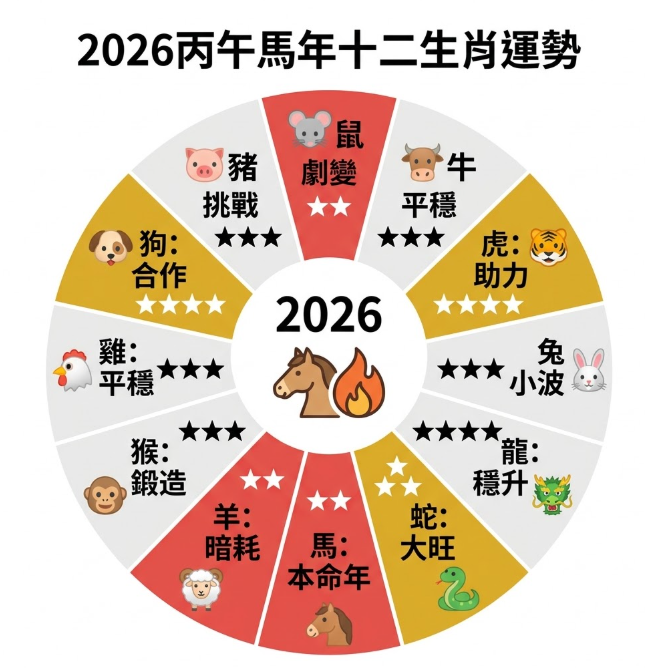 「2026丙午馬年十二生肖運勢」圓盤圖解。圖表正中央帶有馬匹與火焰圖示，象徵火能量極旺的年份。外圍以顏色直觀區分運勢好壞：金色區塊代表有望馬年行大運的生肖，包含虎（助力，四星）、龍（穩升，四星）、狗（合作，四星）與蛇（大旺，三星）；灰色區塊為運勢中平或帶點小挑戰的生肖，包含牛（平穩）、兔（小波）、猴（鍛造）、雞（平穩）與豬（挑戰），皆為三星；紅色區塊則是運勢波動較大、僅有兩星的生肖，包含鼠（劇變）、羊（暗耗），以及正處於本命年的馬。這張圖表能幫助剛開始了解本命年意思與流年運勢的讀者，一秒快速查閱專屬自己的年度關鍵字。