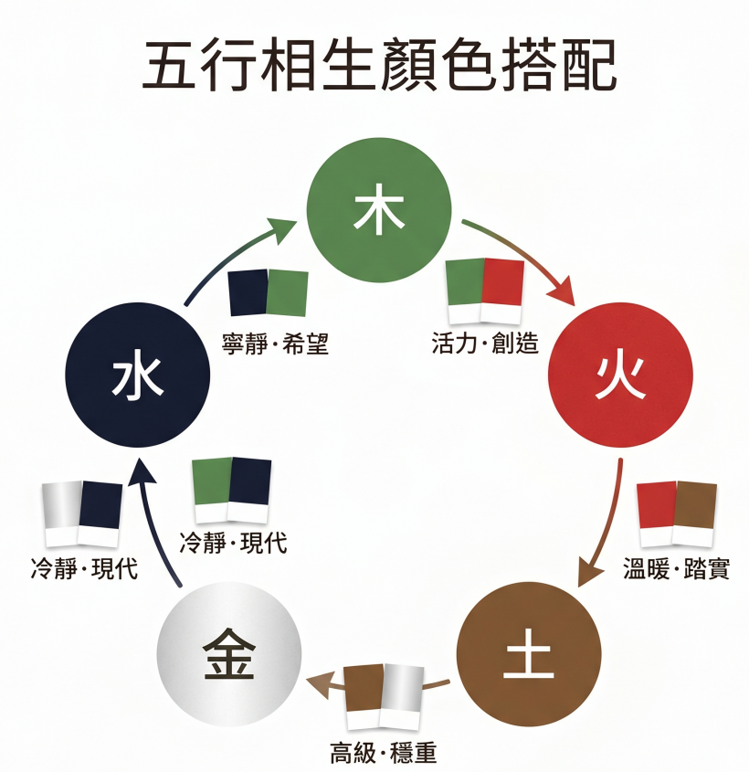 「五行相生顏色搭配」循環圖解。這張圖表跳脫了單一的五行顏色代表,進一步展示了五行相生時的雙色搭配美學與視覺氛圍。圖中以順時針方向詳解五組開運配色:水(深藍色)生木(綠色)的色卡組合傳遞「寧靜・希望」;木生火(紅色)傳遞「活力・創造」;火生土(褐色)傳遞「溫暖・踏實」;土生金(銀白色)傳遞「高級・穩重」;金生水傳遞「冷靜・現代」。這張具備現代視覺風格的圖表,能幫助使用者精準掌握居家風水佈局、品牌視覺設計或日常穿搭的相生開運配色邏輯。