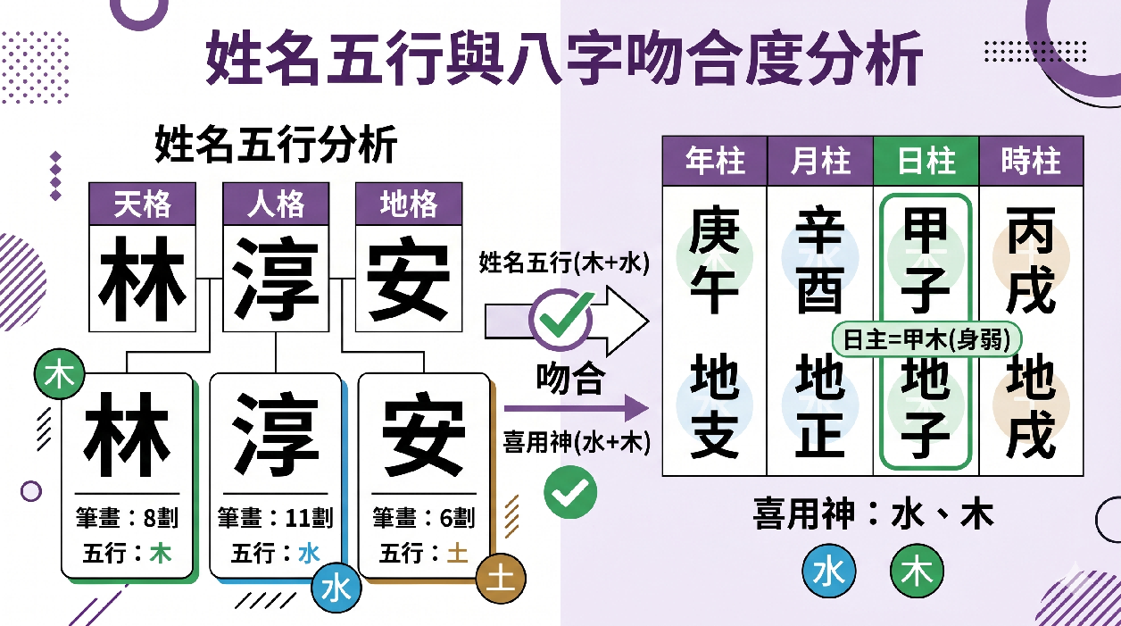 姓名五行與八字吻合度圖解。左側拆解姓名「林淳安」的天格、人格、地格筆畫，並標註其對應的五行屬性（木、水、土）；右側列出完整的四柱命盤（庚午、辛酉、甲子、丙戌），判定日主為「身弱甲木」，並精算出命局喜用神為「水、木」。中央的箭頭與打勾圖示，視覺化呈現了姓名五行完美補足命盤喜用神的檢驗過程。透過這張免費八字與姓名分析範例圖，能幫助使用者直觀理解八字派命名法的核心邏輯