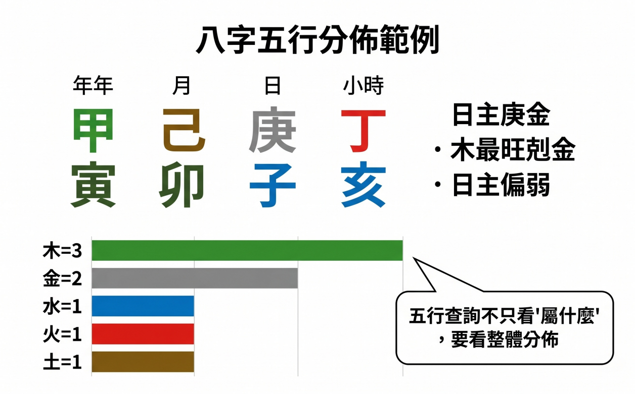 「八字五行分佈範例」教學圖解。圖表上方展示了一組四柱排盤範例:年柱甲寅、月柱己卯、日柱庚子、時(時柱)丁亥。右側重點解析指出該命盤的判定邏輯:「日主庚金,木最旺剋金,日主偏弱」。圖表下方以橫向長條圖具體量化了這組八字五行的能量分佈統計:木=3、金=2、水=1、火=1、土=1。右下角特別以對話框強調了一個重要的命理觀念:「五行查詢不只看『屬什麼』,要看整體分佈」。這張視覺化圖表能引導初學者跳脫單一天干,從全局視角精準分析命盤的五行真實旺衰。