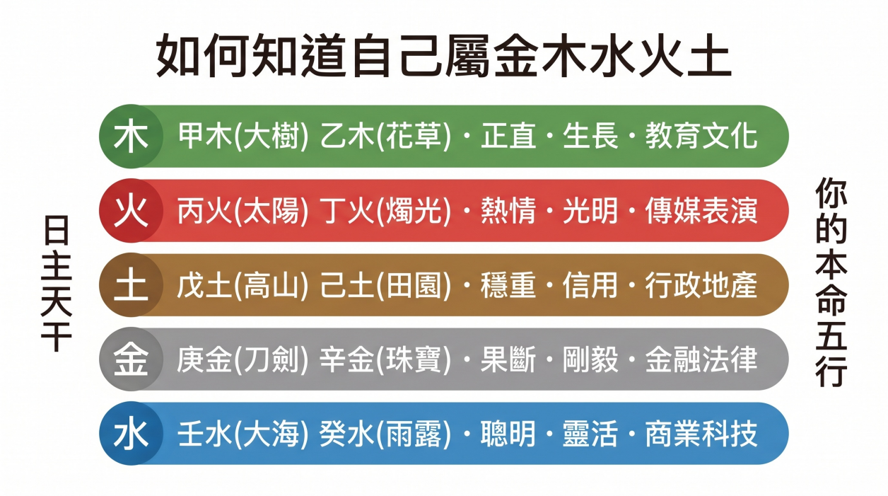 「如何知道自己屬金木水火土」教學圖解。這是一張實用的八字五行查詢對照表，教你透過左側的「日主天干」找出右側對應的「你的本命五行」。圖表將五行劃分為五大色塊與詳細解析：綠色區塊為「木」，包含甲木(大樹)與乙木(花草)，特質為正直與生長，適合教育文化；紅色區塊為「火」，包含丙火(太陽)與丁火(燭光)，特質為熱情與光明，適合傳媒表演；褐色區塊為「土」，包含戊土(高山)與己土(田園)，特質為穩重與信用，適合行政地產；灰色區塊為「金」，包含庚金(刀劍)與辛金(珠寶)，特質為果斷與剛毅，適合金融法律；藍色區塊為「水」，包含壬水(大海)與癸水(雨露)，特質為聰明與靈活，適合商業科技。這張圖能幫助初學者秒懂自己的五行天賦與職涯優勢。