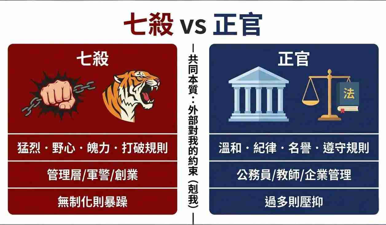 七殺與正官差異對比圖。圖表中央標註兩者的共同本質皆為「外部對我的約束（也就是五行中的『剋我』）」。左側紅區解析「七殺」，搭配猛虎與掙脫鎖鏈的意象，性格特質為猛烈、野心、魄力與打破規則，適合管理層、軍警或創業，但若「無制化則暴躁」。右側藍區解析「正官」，搭配法院與法律天平意象，性格特質為溫和、紀律、名譽與遵守規則，適合公務員、教師或企業管理，但「過多則壓抑」。這張圖表能幫助八字學習者直觀理解這兩個十神在職場與個性上的核心差異。