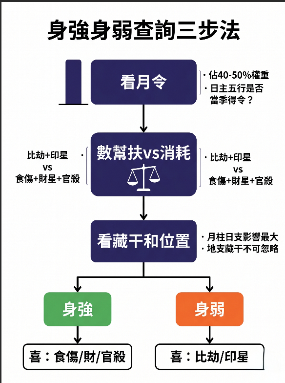 「身強身弱查詢三步法」流程圖解。這是判斷八字命格與格局最重要的前置作業。圖表清晰拆解了三個核心分析步驟：第一步「看月令」，確認日主五行是否當季得令（佔據40-50%的絕對權重）；第二步「數幫扶vs消耗」，將天平兩端的比劫與印星數量，拿來對比食傷、財星與官殺；第三步「看藏干和位置」，強調月柱與日支影響力最大，且地支藏干不可忽視。圖表最下方導出判斷結論：若為「身強」，命局喜用食傷、財星與官殺；若為「身弱」，則喜用比劫與印星。這張圖表能幫助初學者快速建立日主旺衰的底層運作邏輯。