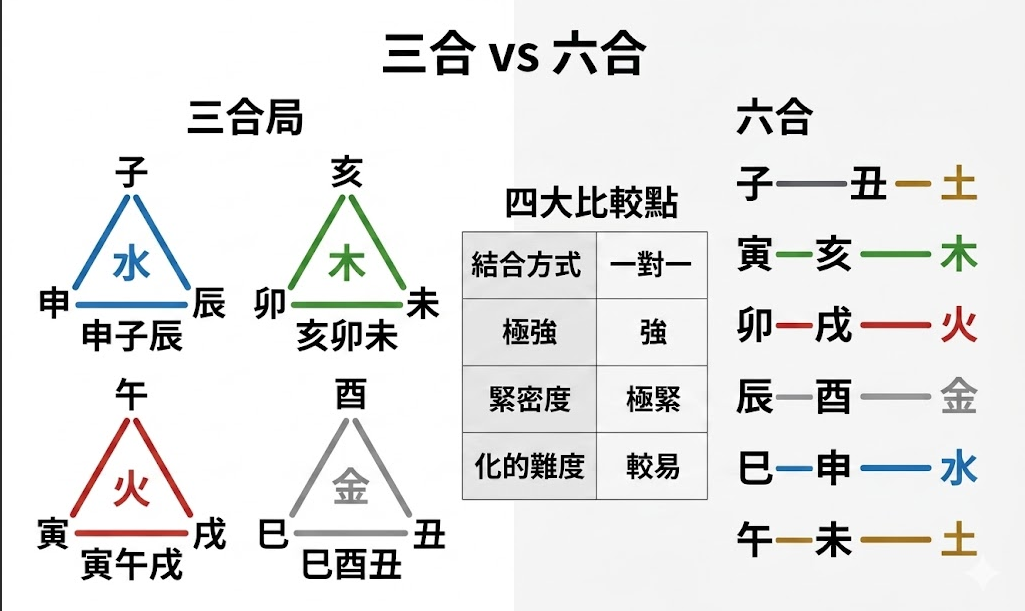 「三合 vs 六合」地支能量解析圖。圖表左側以三角形直觀展示四大「三合局」陣容：申子辰合水、亥卯未合木、寅午戌合火、巳酉丑合金；右側列出六組「六合」的一對一配對與化氣結果（如子丑合土、寅亥合木等）。中央表格梳理了兩者的四大比較點：結合方式、力量（三合力量極強）、緊密度（六合關係極緊密）與化的難度（六合相對較易）。這張詳細的對比圖能幫助八字學習者破解「三合好還是六合好」的初學迷思，理解兩者在命盤中分別代表「團隊力量的匯聚」與「一對一的親密羈絆」，並無絕對的優劣之分。