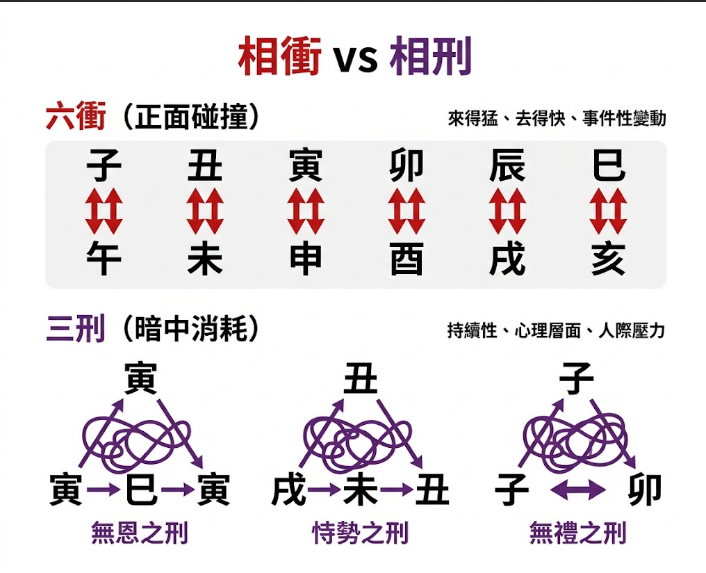 「相衝 vs 相刑」地支互動差異對比圖。圖表上半部解析地支六衝（命理中常作相沖），定義為「正面碰撞」，特質是來得猛、去得快、屬於事件性的變動，並以紅色雙向箭頭完整列出子午、丑未、寅申、卯酉、辰戌、巳亥六組對沖組合。圖表下半部則解析「三刑」，定義為「暗中消耗」，特質是持續性的心理層面與人際壓力，輔以紫色糾纏線條的視覺意象，列舉了寅巳相關的無恩之刑、丑戌未的恃勢之刑，以及子卯的無禮之刑。這張圖表能幫助八字學習者直觀釐清這兩種常見凶象的本質區別。