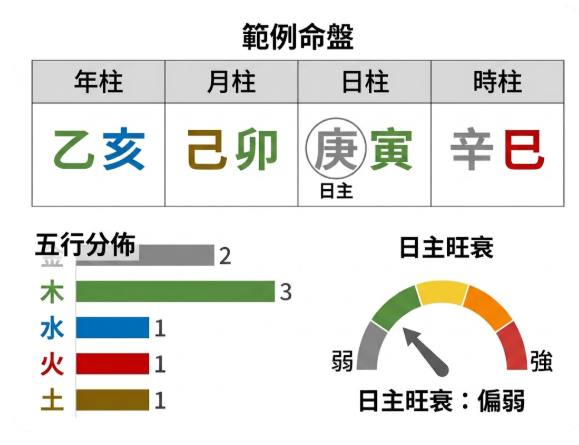一個完整的八字排盤結果範例圖解。上方展示四柱命盤結構：年柱「乙亥」、月柱「己卯」、日柱「庚寅」（其中天干「庚」被特別圈起並標註為代表自己的「日主」）、時柱「辛巳」。左下方為五行分佈長條圖，清晰統計出該命局中木有3個、金有2個，而水、火、土各為1個；右下方則是視覺化的日主旺衰儀表板，指針指向左側弱區，並給出「日主旺衰：偏弱」的最終判定。此圖完美示範了八字計算後所產出的基礎解盤數據。