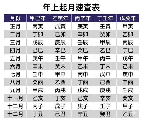 年上起月速查表（命理學又稱五虎遁法）。圖表清晰展示了如何根據「年柱天干」來推測「月柱干支」的完整對照矩陣。上方橫軸列出五組年份天干組合（甲己年、乙庚年、丙辛年、丁壬年、戊癸年），左側縱軸對應農曆的十二個節氣月份（從正月寅月至十二月丑月）。透過橫縱交叉比對，初學者無需死記口訣，即可快速查出對應的月柱，例如甲年或己年的正月即為「丙寅」月。此圖表是手動進行八字排盤時必備的實用工具。
