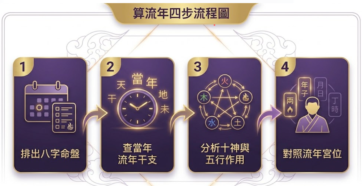 「算流年四步流程圖」視覺化圖解。這張圖表由左至右清晰展示了推算八字流年的四個核心步驟:步驟一為「排出八字命盤」,需先建立個人的先天命理基礎;步驟二為「查當年流年干支」,確認當下年份的天干地支能量;步驟三是「分析十神與五行作用」,透過圖中的五行(木火土金水)相生相剋圖示來評估能量的吉凶互動;最後,步驟四為「對照流年宮位」,將流年的能量帶入個人原局的年、月、日、時四柱中進行精準比對。這張流程圖能幫助初學者有邏輯地掌握流年運勢的標準分析架構。