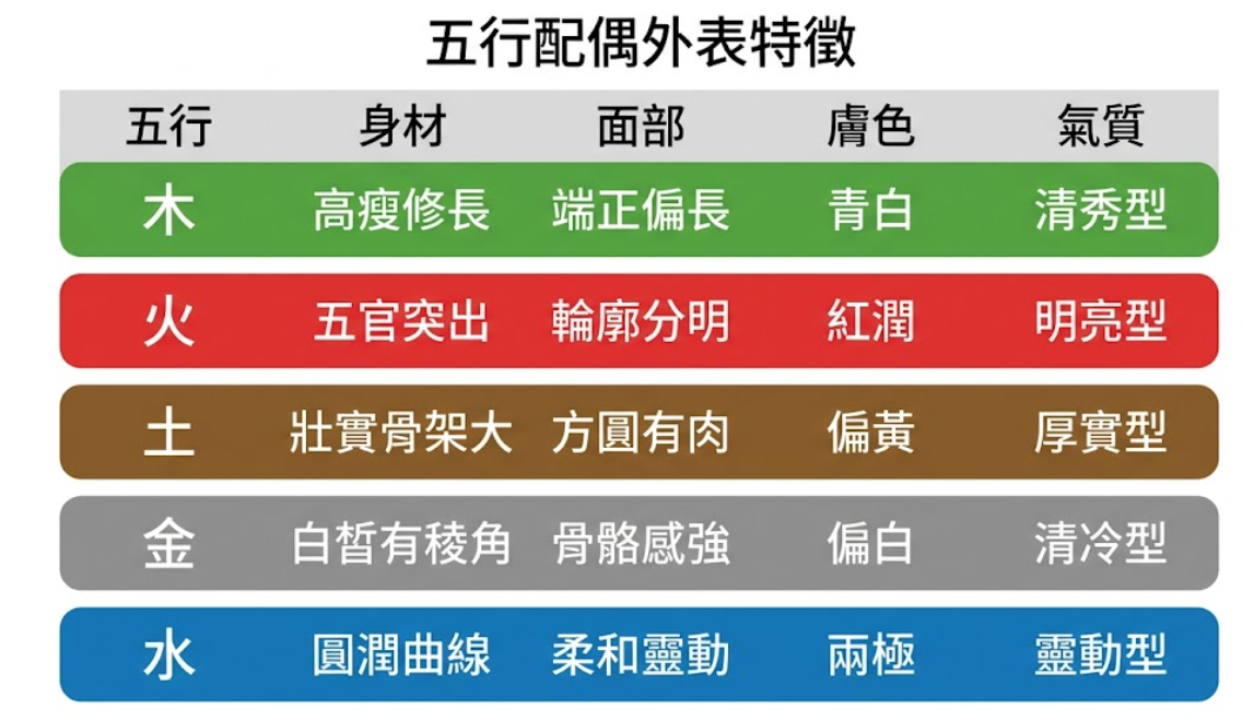 「五行配偶外表特徵」分類對照表。許多人在網路上尋找八字看另一半長相免費算工具時，常對系統如何判斷容貌感到好奇。這張圖表直觀地揭開了八字看配偶外貌的核心底層邏輯，將五行精準對應到具體的視覺特徵：綠色的木（高瘦修長、清秀型）、紅色的火（五官突出、明亮型）、褐色的土（壯實骨架大、厚實型）、灰色的金（白皙有稜角、清冷型）以及藍色的水（圓潤曲線、靈動型）。掌握這些分類基礎，能幫助你在使用免費八字測配偶長相系統時，不再只是看著生硬的文字，而是能更立體地勾勒出未來伴侶的真實面貌與氣質。