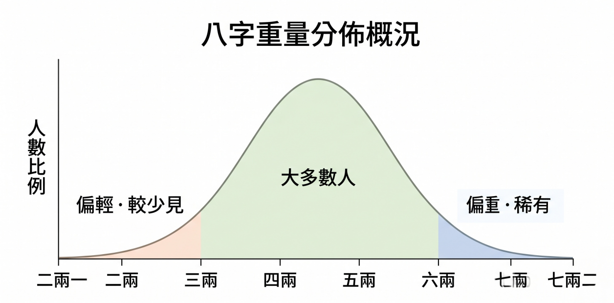 「八字重量分佈概況」常態分配（鐘型曲線）圖解。圖表縱軸為人數比例，橫軸標示出從最輕的「二兩一」至最重的「七兩二」的重量範圍。整體數據分佈分為三大區段：左側橘色尾端區塊（三兩以下）標註為「偏輕・較少見」；中央綠色隆起的主體區塊（約三兩至六兩間）標註為「大多數人」，顯示絕大多數民眾的八字重量皆集中於此；右側藍色尾端區塊（六兩以上）則標註為「偏重・稀有」。此視覺化圖表能幫助讀者一眼看懂自己的秤骨算命數值在總人口中的稀缺程度。