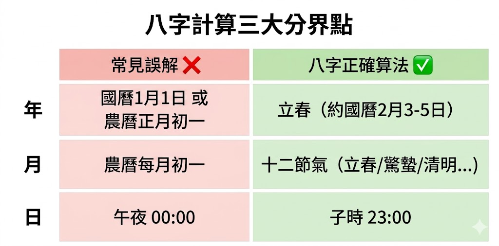 「八字計算三大分界點」對照表。圖表清晰列出排盤時容易犯的時間轉換錯誤與正確算法：在「年」的分界上，正確應為「立春」（約國曆2月3至5日），而非國曆1月1日或農曆正月初一；「月」的劃分應依據「十二節氣」（如立春、驚蟄、清明），而非農曆每月初一；「日」的交界點則是晚間23:00起算的「子時」，並非午夜00:00。此圖解能幫助初學者避開排盤陷阱，確保命盤精準度
