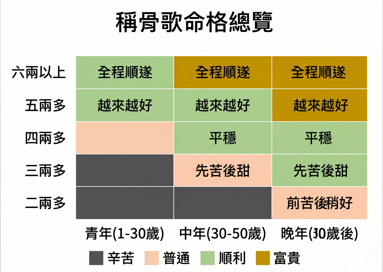 「稱骨歌命格總覽」矩陣圖表。這張圖表直觀地為初學者解答了「八字多少算重」的常見疑問，並清晰呈現不同八字輕重在三個生命階段（青年1-30歲、中年30-50歲、晚年50歲後）的運勢走向。底部圖例以四種顏色標示運勢狀態：深灰為「辛苦」、淺橘為「普通」、淺綠為「順利」、土黃為「富貴」。從縱軸區間可見：偏輕的二兩多與三兩多早年多辛苦，整體呈先苦後甜之勢；四兩多為一生平穩；五兩多運勢越來越好；而達六兩以上即算重，人生全程順遂，中晚年皆享富貴。此視覺化圖表能幫助讀者一眼看懂命格重量與一生起伏的關聯。