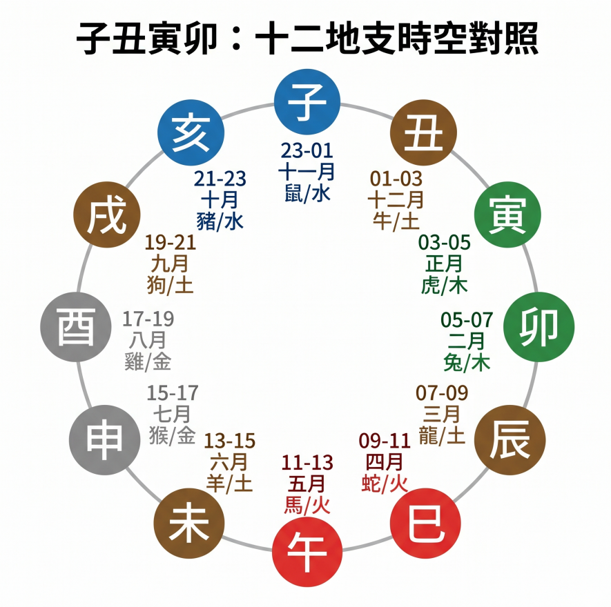 「子丑寅卯：十二地支時空對照」循環圖解。這張圖表以時鐘般的圓形排版，完整解析了十二地支在時間、月份、生肖及五行上的對應關係：正上方為藍色水屬性的子（23-01時/十一月/鼠），順時針依序為褐色土屬性的丑（01-03時/十二月/牛）、綠色木屬性的寅（03-05時/正月/虎）與卯（05-07時/二月/兔）、褐色土屬性的辰（07-09時/三月/龍）、紅色火屬性的巳（09-11時/四月/蛇）與午（11-13時/五月/馬）、褐色土屬性的未（13-15時/六月/羊）、灰色金屬性的申（15-17時/七月/猴）與酉（17-19時/八月/雞）、褐色土屬性的戌（19-21時/九月/狗），最後是藍色水屬性的亥（21-23時/十月/豬）。此視覺化圖表能幫助初學者快速查閱並記憶複雜的時空五行密碼。
