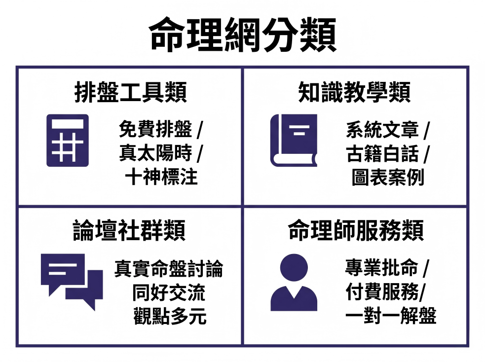 命理網分類導航圖解。圖表將命理網站資源清楚劃分為四大類別：左上的「排盤工具類」提供免費排盤、真太陽時校正與十神標注；右上的「知識教學類」涵蓋系統文章、古籍白話與圖表案例；左下的「論壇社群類」主打真實命盤討論、同好交流與多元觀點；右下的「命理師服務類」則提供專業批命、付費服務與一對一解盤。此分類架構能幫助自學者與有算命需求的使用者快速定位所需的命理資源。