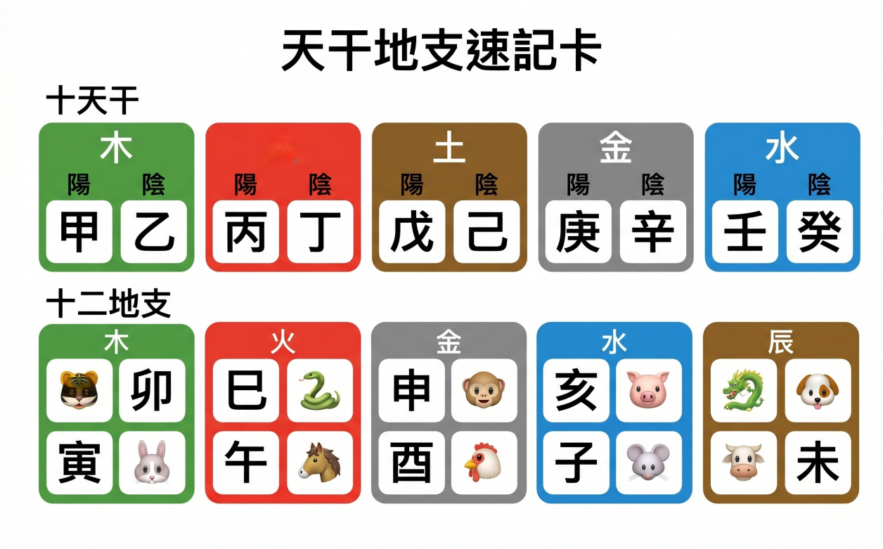 这是一张现代、干净的八字命理基础入门信息图。主标题是“八字基礎入門”，副标题是“學習八字命理的第一步”。核心的大圆形图表详细介绍了阴阳、五行以及十二地支。侧边栏列出了十天干。图表详细展示了天干地支在命理中的核心作用，包括排出八字（排盘）、了解日主（癸日主，标有核心）、分析五行旺衰（带有图表）、学习十神应用等步骤。使用各种图标、连接线和配色，清晰地展示了命理概念。