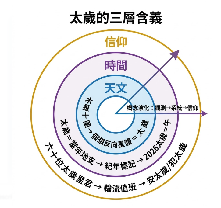 「太歲的三層含義」同心圓圖解。這張圖表由內而外詳細拆解了太歲概念的演化軌跡:最內層藍色代表「天文」觀測,說明太歲原為古人根據木星運轉週期所創立的假想反向星體;中間紫色層代表「時間」系統,太歲在此轉化為當年的地支與紀年標記(例如2026太歲為午);最外圈黃色層代表民間「信仰」,進一步擬人化為六十位太歲星君輪流值班的宗教體系,並衍生出現今安太歲與犯太歲的習俗。圖表右側的箭頭精準總結了這條從「天文觀測、時間系統到宗教信仰」的歷史演化路徑。