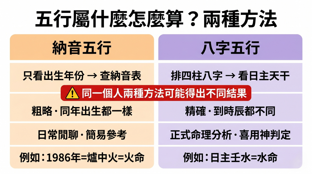 「五行屬什麼怎麼算？兩種方法」對比圖表。這張圖釐清了新手常混淆的五行算法：左側橘色區塊介紹「納音五行」，只需看出生年份查表，較為粗略，同年出生的人都一樣，適合日常閒聊或簡易參考（例如：1986年=爐中火=火命）；右側紫色區塊則介紹正統的「八字五行」，必須排出四柱八字後看日主天干來決定真正的八字五行屬性，這非常精確，精確到時辰都不同，專門用於正式命理分析與喜用神判定（例如：日主壬水=水命）。圖表正中央特別以紅色警示牌醒目標註：「同一個人兩種方法可能得出不同結果」，幫助初學者破解算命時五行屬性看似衝突的常見盲點。