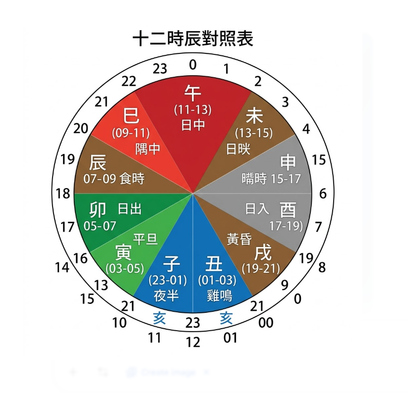 「十二時辰對照表」圓形時鐘圖解。許多命理初學者常會問「子時是幾點？」，這張圖表直觀地給出了精確解答。圖表將現代的24小時制劃分為12個時辰區間，並結合了古文別稱與視覺色彩：下方藍色區塊明確標示子時為 23-01時（夜半），緊接著是丑時 01-03時（雞鳴）；左側綠色區塊為寅時 03-05時（平旦）與卯時 05-07時（日出）；上方紅色區塊包含巳時 09-11時（隅中）與午時 11-13時（日中）；右側灰色區塊為申時 15-17時（晡時）與酉時 17-19時（日入）；並穿插褐色區塊的辰時 07-09時（食時）、未時 13-15時（日昳）、戌時 19-21時（黃昏）。這張圖能幫助讀者輕鬆跨越古今時間的換算障礙，精準確認自己的出生時辰。