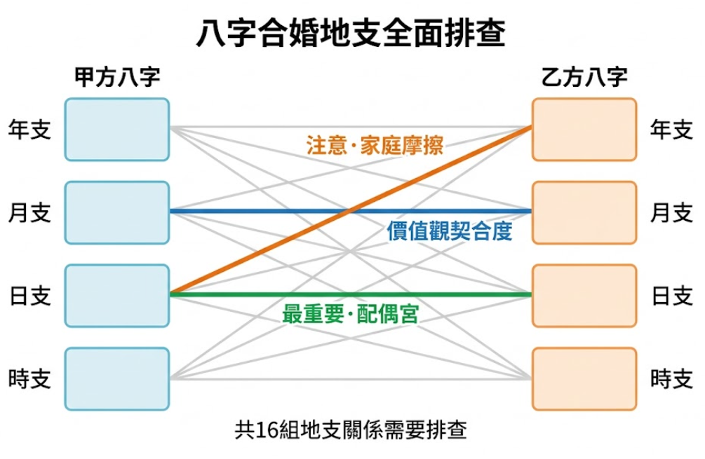 「八字合婚地支全面排查」連線圖解。許多論及婚嫁的情侶在準備合八字結婚時，最焦慮的就是雙方八字合不合。這張圖表直觀地揭示了專業合八字的深層運作邏輯：左右兩側分別列出甲乙雙方的年支、月支、日支與時支，共需進行16組連線交叉排查。圖中特別以亮色線條標出三大核心看點：綠線平行連接雙方的日支，標示為「最重要・配偶宮」；藍線連接雙方的月支，代表雙方的「價值觀契合度」；而橘色對角連線（例如甲方日支對應乙方年支）則標註為「注意・家庭摩擦」。透過這種全面且細緻的生辰八字配對解析，能幫助使用者超越粗略的生肖迷思，客觀評估婚姻關係的真實發展潛力。