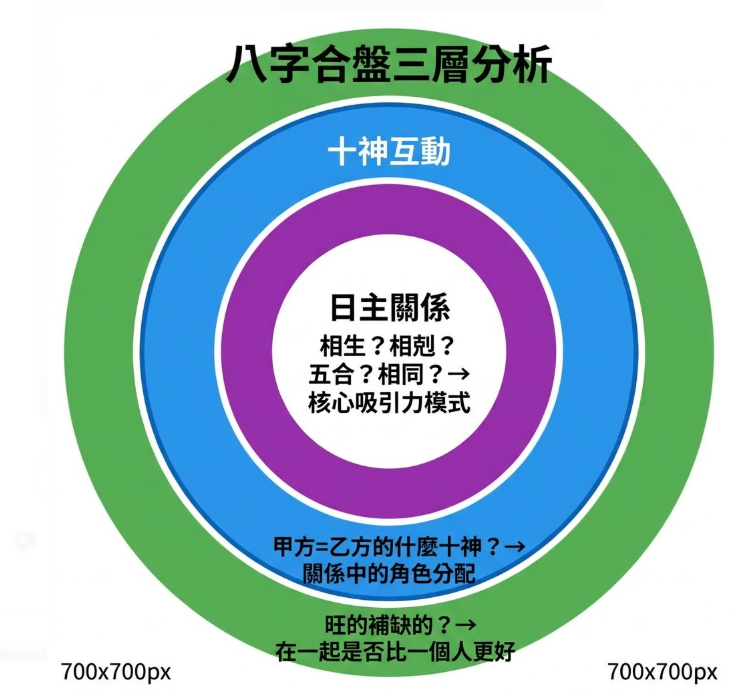 「八字合盤三層分析」同心圓圖解。許多人在網路上尋找八字合婚免費測算時，常好奇系統背後是如何運作的。這張圖表由內而外揭開了專業免費八字合盤的核心架構：最內圈紫色層為「日主關係」，透過判斷雙方日主的相生、相剋、五合或相同，來評估兩人的「核心吸引力模式」；中間藍色層為「十神互動」，分析甲方等於乙方的什麼十神，進而釐清「關係中的角色分配」；最外側綠色層則是五行能量互補，評估旺盛與缺乏的五行是否能互補，藉此判斷「在一起是否比一個人更好」。搞懂這三層架構，你就能親自驗證網路上那些免費八字配對準不準，精準掌握專屬你們的八字配對契合度。