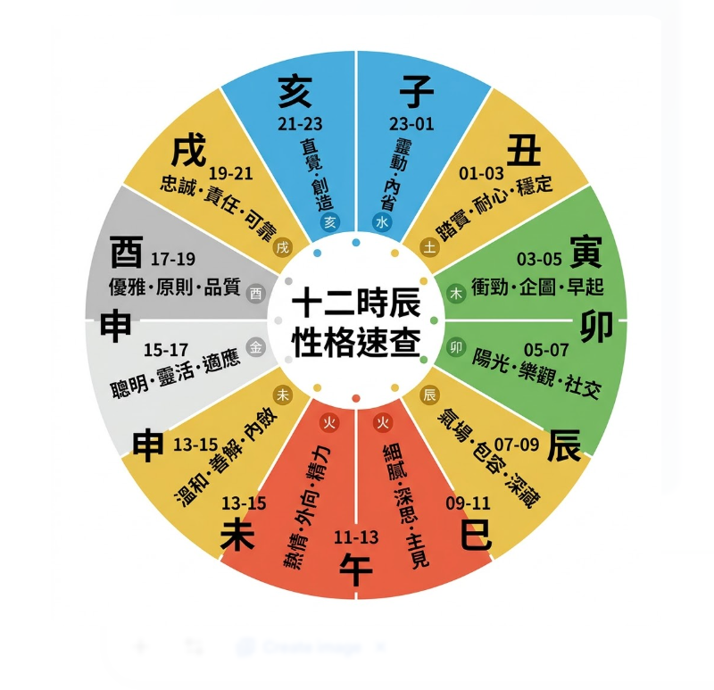 「十二時辰性格速查」圓形圖解。這張圖表將十二地支、時間區間與五行性格特質進行了直觀的視覺化對應。我們以右下方黃色土屬性的辰時（07-09，氣場・包容・深藏）為例，順時針依序展示完整輪廓：紅色火屬性的巳時（09-11，細膩・深思・主見）與午時（11-13，熱情・外向・精力）；黃色土屬性的未時（13-15，溫和・善解・內斂）；灰色金屬性的申時（15-17，聰明・靈活・適應）與酉時（17-19，優雅・原則・品質）；黃色土屬性的戌時（19-21，忠誠・責任・可靠）；藍色水屬性的亥時（21-23，直覺・創造）與子時（23-01，靈動・內省）；黃色土屬性的丑時（01-03，踏實・耐心・穩定）；以及綠色木屬性的寅時（03-05，衝勁・企圖・早起）與卯時（05-07，陽光・樂觀・社交）。此圖表能幫助讀者快速對照出生時辰，精準解析自身的先天潛能。