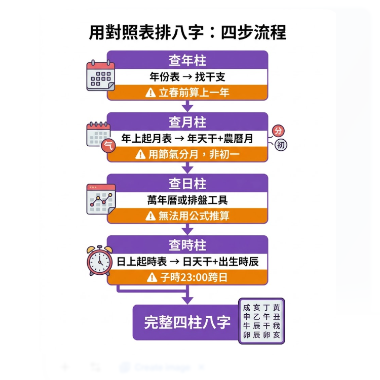 「用對照表排八字：四步流程」教學圖解。這張圖表由上至下詳細拆解了手動排盤的四個步驟與極易犯錯的命理盲區：第一步「查年柱」，透過年份表找干支，並黃底警告「立春前算上一年」；第二步「查月柱」，透過年上起月表尋找，警告「用節氣分月，非初一」；第三步「查日柱」，需查閱萬年曆或排盤工具，警告「無法用公式推算」；第四步「查時柱」，需進行時辰對照，透過日上起時表結合日天干與出生時辰，並針對十二時辰特別警告「子時23:00跨日」陷阱。完成四步後即可得出最下方的「完整四柱八字」。這張流程圖能幫助初學者完美避開排盤的常見地雷。
