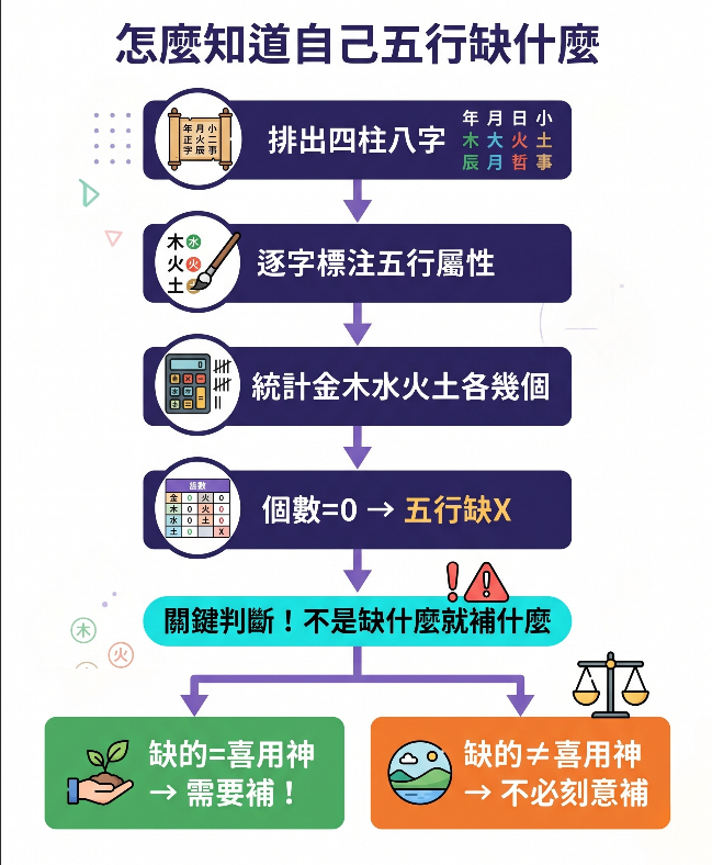 「怎麼知道自己五行缺什麼」教學流程圖。圖表由上至下拆解了查詢五行缺什麼的四個步驟:首先「排出四柱八字」,接著「逐字標注五行屬性」,然後「統計金木水火土各幾個」,若某個五行個數等於0,即代表命盤中五行缺該元素。圖表下方特別以醒目的驚嘆號與顏色區塊標示出核心觀念:「關鍵判斷!不是缺什麼就補什麼」。並向下分出兩種結論:若缺的五行剛好是「喜用神」才「需要補」;若缺的五行「≠喜用神」,則「不必刻意補」。這張視覺化圖表能幫助初學者打破傳統「缺啥補啥」的命理迷思。