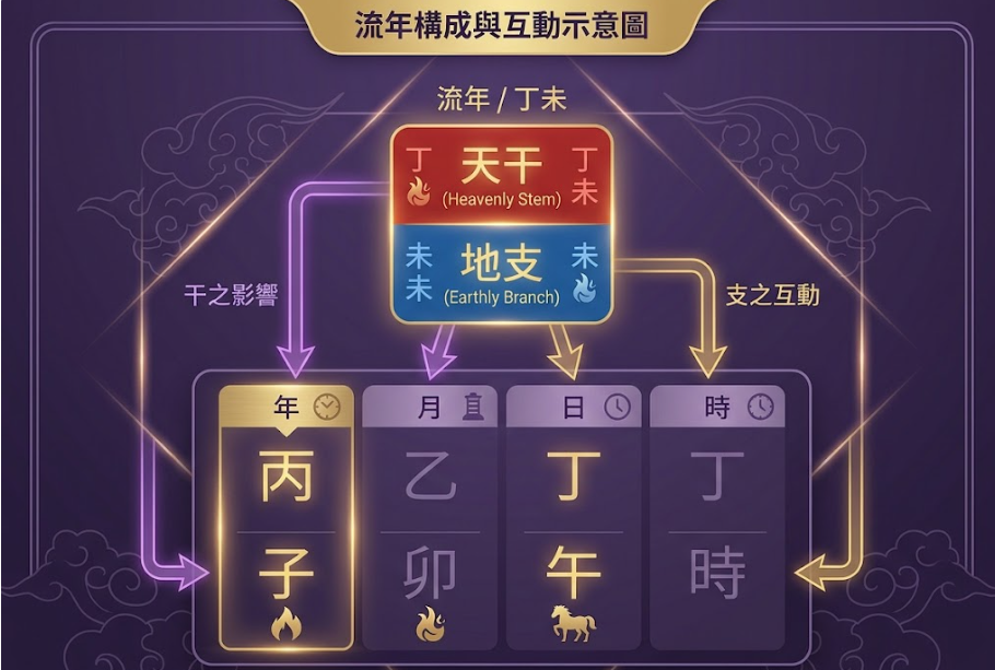 「算流年四步流程圖」視覺化圖解。這張圖表由左至右清晰展示了推算八字流年的四個核心步驟：步驟一為「排出八字命盤」，需先建立個人的先天命理基礎；步驟二為「查當年流年干支」，確認當下年份的天干地支能量；步驟三是「分析十神與五行作用」，透過圖中的五行（木火土金水）相生相剋圖示來評估能量的吉凶互動；最後，步驟四為「對照流年宮位」，將流年的能量帶入個人原局的年、月、日、時四柱中進行精準比對。這張流程圖能幫助初學者有邏輯地掌握流年運勢的標準分析架構。