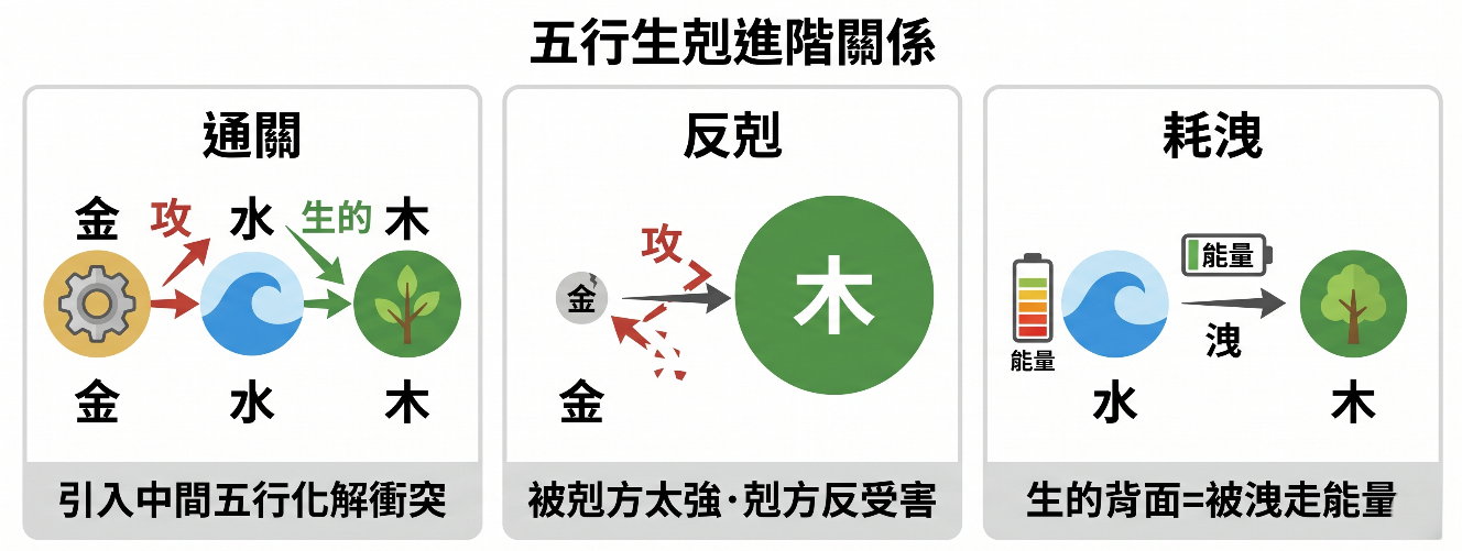 「五行生剋進階關係」教學圖解。這張圖表帶領學習者進一步探討隱藏在基礎金木水火土相生與相剋背後的三種進階動態：左側區塊為「通關」，展示原本金會直接攻擊木，但若引入中間五行「水」，便能透過「金生水、水生木」的路徑來化解衝突；中央區塊為「反剋」，畫面上微小的金試圖攻擊巨大的木，結果金的箭頭反而碎裂，說明「被剋方太強，剋方反受害」的逆向制衡邏輯；右側區塊為「耗洩」，透過電池電量下降的圖示，生動說明水在生木的同時，自身能量也會被消耗，點出「生的背面＝被洩走能量」的關鍵觀念。這張圖表能幫助進階學習者更立體地評估八字命局的能量流動。