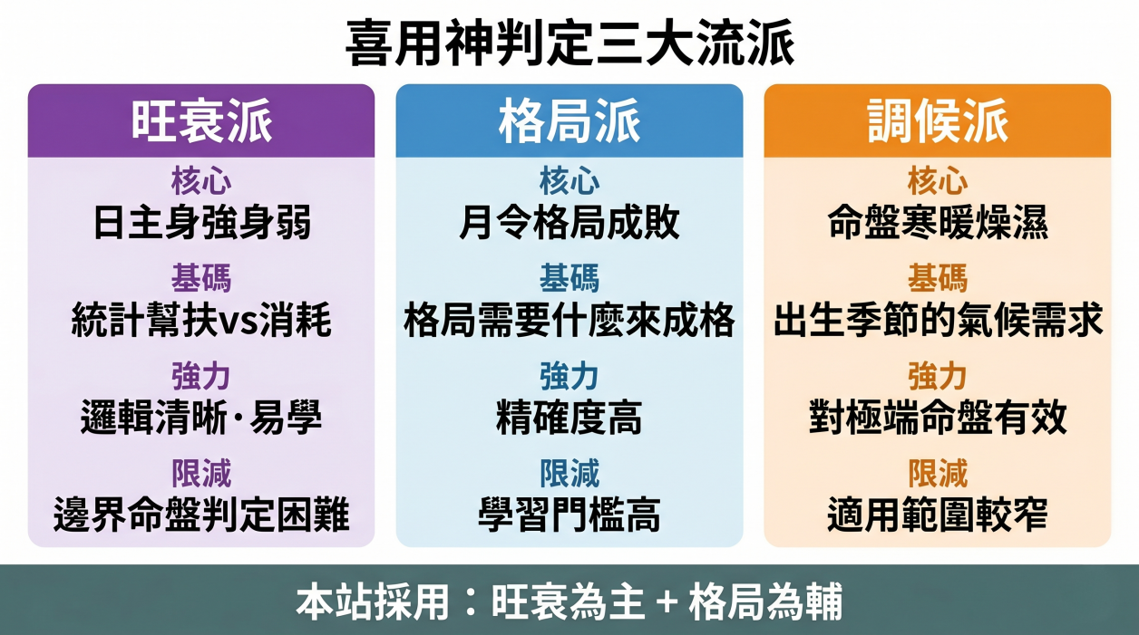 「喜用神判定三大流派」對比圖解。許多人在進行八字喜用神查詢時,常因不同師傅給出不同答案而困惑,這張圖表詳細比較了命理界三大流派的判定差異:左側為「旺衰派」,核心是看日主身強身弱,基礎為統計幫扶vs消耗,優勢是邏輯清晰易學,缺點是邊界命盤判定困難;中間為「格局派」,核心是看月令格局成敗,基礎為格局需要什麼來成格,優勢是精確度高,缺點是學習門檻高;右側為「調候派」,核心是命盤寒暖燥濕,基礎為出生季節的氣候需求,優勢是對極端命盤有效,缺點是適用範圍較窄。圖表底部特別註明「本站採用:旺衰為主+格局為輔」,幫助讀者釐清排盤系統的底層運算邏輯。