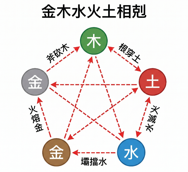 「金木水火土相剋」星型循環圖解。這張圖表以五芒星的對角虛線箭頭,展示了五行能量互相制衡與剋制的運作原理。圖中搭配具體的自然現象,生動詳解了五大相剋路徑:灰色金節點指向綠色木節點為「斧砍木」(金剋木)、木節點指向紅色土節點為「根穿土」(木剋土)、土節點指向藍色水節點為「壩擋水」(土剋水)、水節點指向火節點為「水滅火」(水剋火)、火節點指向金節點為「火鎔金」(火剋金)。這張視覺化圖表能幫助初學者將抽象的五行制衡概念,輕鬆轉化為容易記憶的生活情境。
