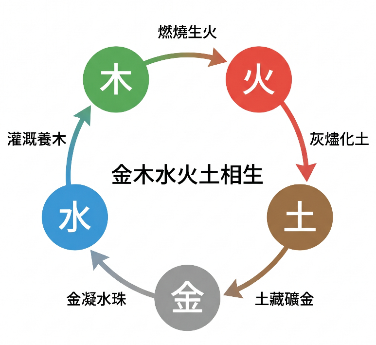 「金木水火土相生」循環圖解。這張圖表清晰展示了五行能量生生不息的運作原理，與產生制衡作用的「五行相剋」形成一體兩面的對比。圖中以順時針方向詳解相生的自然意象：綠色的木「燃燒生火」、紅色的火「灰燼化土」、褐色的土「土藏礦金」、灰色的金「金凝水珠」、藍色的水「灌溉養木」。透過這張視覺化圖表，初學者能快速掌握五行相生相濟的底層邏輯，為後續的命理格局分析打下扎實基礎。