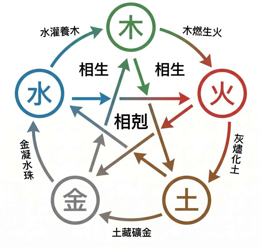 陰陽五行（木、火、土、金、水）相生相剋圖解。圖表外圈以順時針箭頭展示「相生」的循環，並附上生動的自然現象解說幫助記憶：水灌養木、木燃生火、灰燼化土、土藏礦金、金凝水珠。內部則以五芒星交錯箭頭標示出「相剋」的制約關係。這張視覺化圖表清晰呈現了五行能量間的互動邏輯，是初學者邁入八字算命與十神推演不可或缺的基礎知識。
