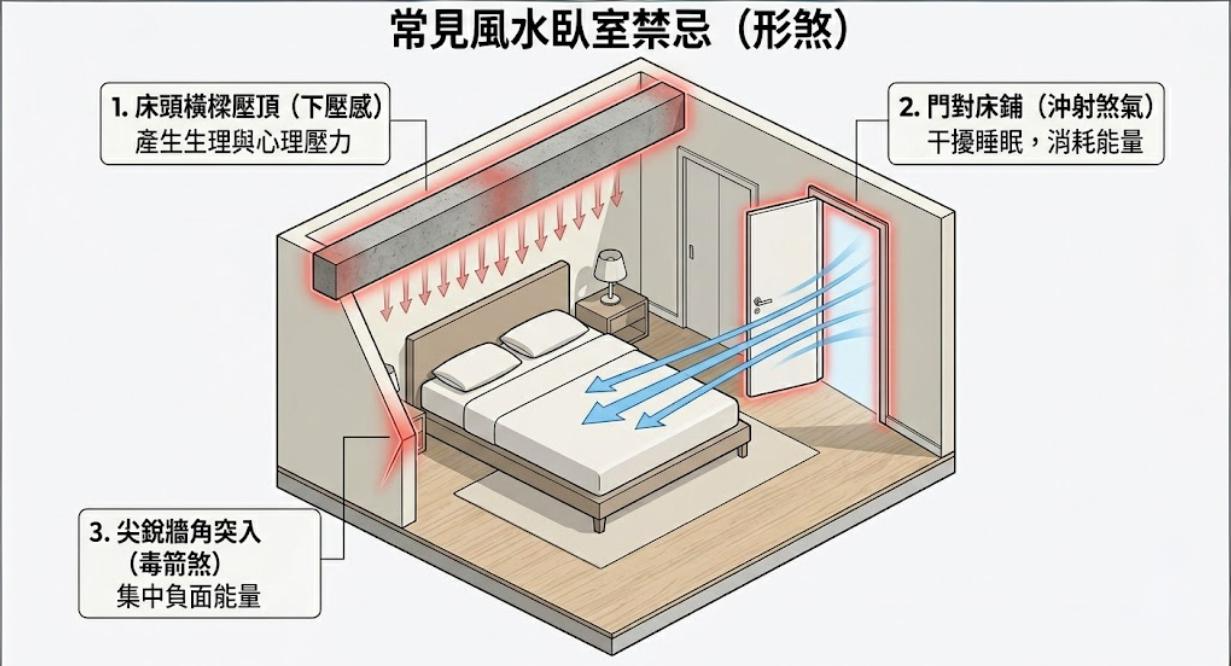 一張臥室3D剖面示意圖,視覺化標示出三種常見的風水形煞禁忌:床頭上方的「橫樑壓頂」、房門直衝床鋪的「沖射煞氣」,以及尖銳牆角對床的「毒箭煞」,直觀展示這些不良格局如何集中負能量並干擾睡眠。