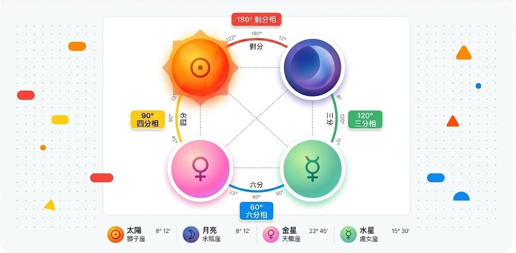 每日/年度運勢是一套將天體運行相位轉化為時間維度能量指標的專業分析系統。本圖表嚴謹展示對分相、三分相、四分相與六分相之幾何連動路徑。以生命數據科學視角徹底破除迷信渲染,為您建立精確的動態時空評估標準,提供最具學術依據的每日與年度運勢查詢輔助模型。