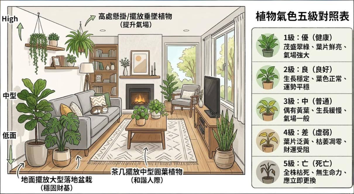 一張居家客廳植物風水佈局圖,展示高、中、低位階的盆栽擺放建議,並附帶「植物氣色五級對照表」,從健康(優)到死亡(亡)量化分析植物對家宅運勢的影響。