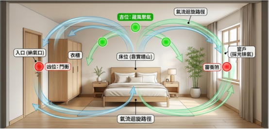 一張臥室床位擺放的氣流動態分析圖,以紅色標示門衝與窗衝煞的凶位,並用綠色與藍色箭頭展示床位靠實牆後,達到「藏風聚氣」吉位的氣流迴旋路徑。