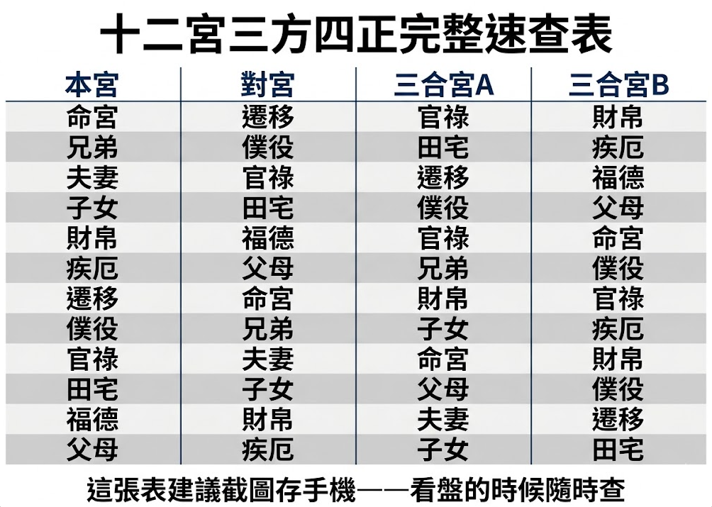 宮位應用與技巧是一套基於星盤空間幾何交算的核心連動速查系統。本圖表嚴謹展示十二宮本宮、對宮與三合宮AB之四維聯動對照矩陣。以生命數據科學視角徹底破除隨機解讀,為您建立精確的空間評估標準,提供最具邏輯依據的宮位應用與技巧導航模型。