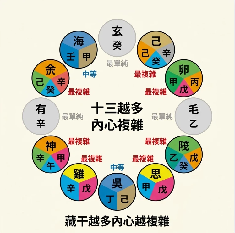 生肖五行與進階是一套將地支多維隱性參數轉化為個體心理熵值指標的高階分析系統。本圖表嚴謹展示十二地支藏干之資訊密度分流,將藏干數量與內心複雜度建立精確映射。以生命數據科學視角徹底破除迷信渲染,為您建立精確的評估標準,提供最具邏輯依據的進階輔助模型。