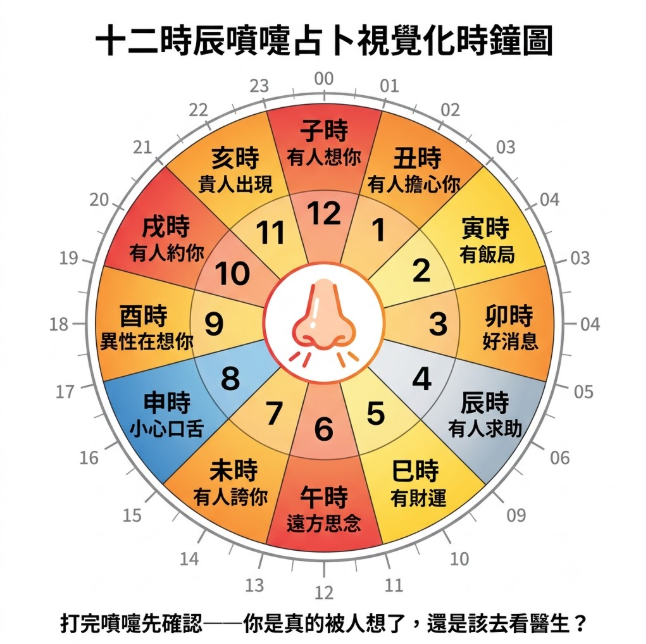 噴嚏占卜是一套將身體偶發呼吸道擾動轉化為時空預警變數的民俗信號系統。本圖表嚴謹展示 24 小時時鐘座標與十二地支下的正負向數據分流路徑。以生命數據科學視角徹底破除極端宿命渲染,為您建立精確的特質評估標準,提供最具邏輯依據的占卜輔助模型。