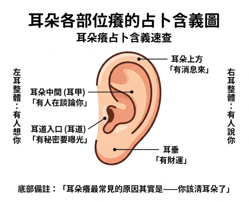 耳朵與其他預兆是一套將身體局部偶發神經反饋轉化為時空預警變數的民俗信號系統。本圖表嚴謹展示左右耳雙軌分流與耳朵四個特徵節點的數據映射路徑。以生命數據科學視角徹底破除極端宿命渲染,為您建立精確的特質評估標準,提供最具邏輯依據的占卜輔助模型。