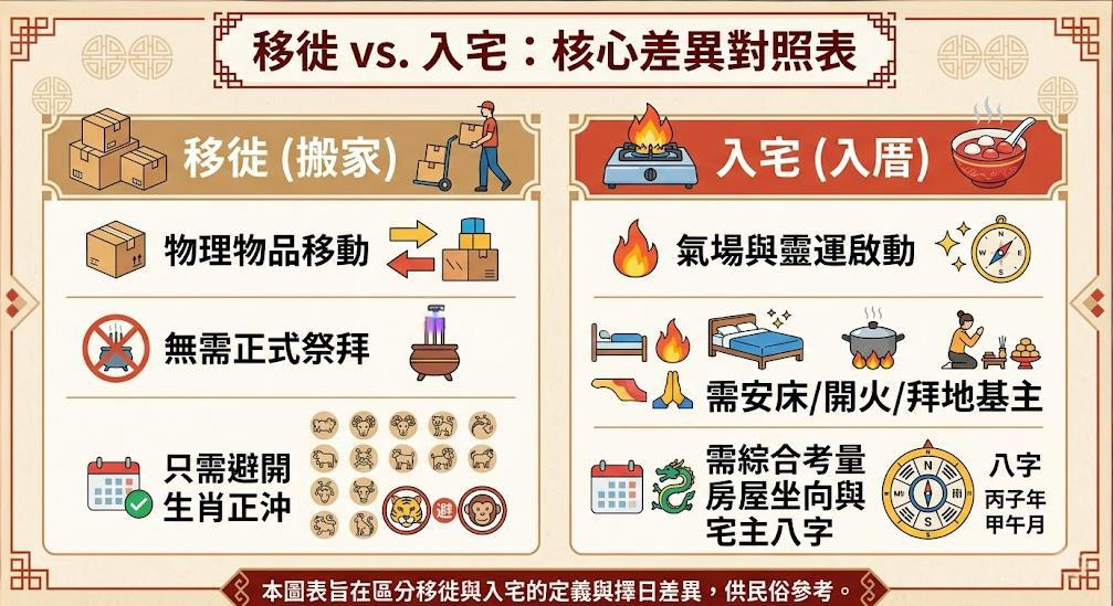 一張對比移徙與入宅差異的農民曆教學圖表,說明移徙僅為物品搬動且只需避開生肖正沖,而入宅則需啟動氣場、安床開火,並綜合考量坐向與八字。
