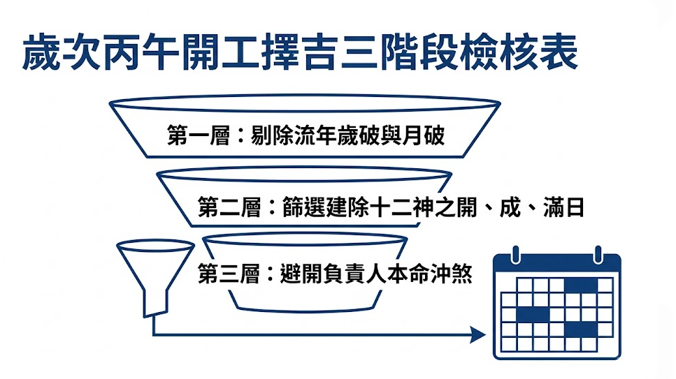 一張歲次丙午開工擇吉三階段檢核表,透過漏斗圖展示剔除歲破月破、篩選建除十二神吉日,以及避開負責人本命沖煞的標準擇日流程。