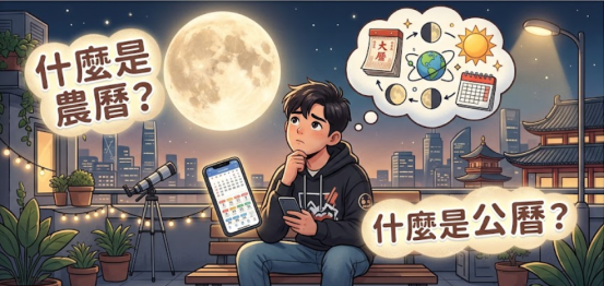一張農曆生日查詢工具的情境插圖,展示一名男子拿著手機日曆,思考「什麼是農曆」與「什麼是公曆」,並透過天文圖解展示太陽、地球與月相運行的曆法轉換關係。
