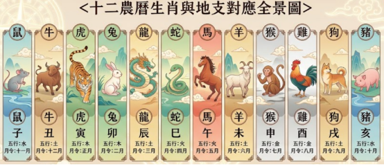 一張十二農曆生肖與地支對應全景圖,專為農曆生肖查詢設計,完整列出從鼠至豬的十二生肖圖像,並標註其對應的天干地支、五行屬性與農曆月令。