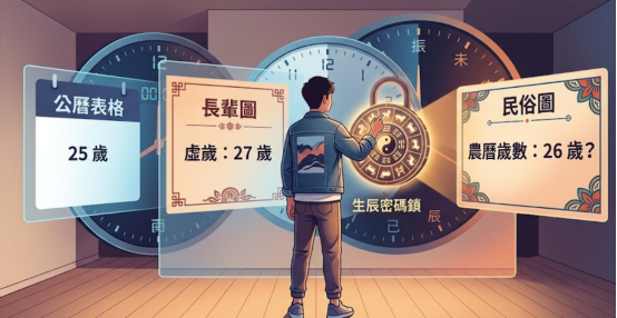 一張探討農曆年齡與出生計算差異的情境圖,畫面比較了公曆實歲25歲、長輩圖虛歲27歲與民俗圖農曆歲數26歲的落差,主角正試圖解開帶有太極生肖圖騰的生辰密碼鎖。