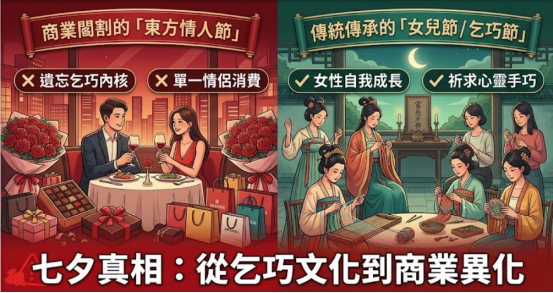 這是一張中國傳統年畫風格的彩色插畫,描繪了熱鬧的七夕節(乞巧節)民俗場景,場景中掛滿紅燈籠,樹木裝飾著彩帶。
