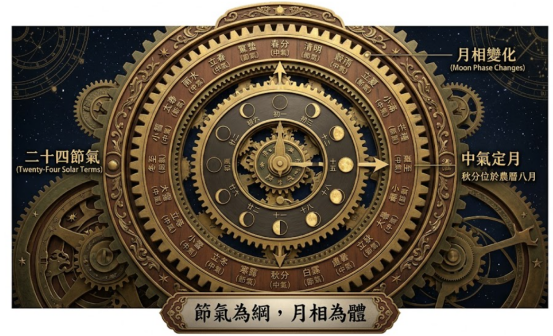 一張農曆月份日期查詢的機械齒輪解析圖,展示「節氣為網,月相為體」的曆法原理,詳細標註二十四節氣、月相盈虧變化以及中氣定月的核心規則。