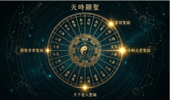 一張結合二十四節氣與神明生日與祭祀的星軌圖解,標題為「天時顯聖」,圖中以太極五行與八卦為核心,向外標示出關聖帝君、雷祖、斗姥元君與月下老人等神祇聖誕的時令對應節點。