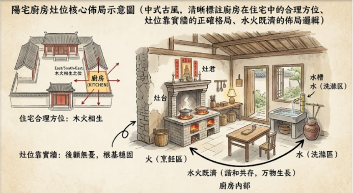 一張中式古風建築圖解,展示廚房在住宅中的合理方位(東/東南,木火相生),以及廚房內部灶位靠實牆、水槽與爐灶形成「水火既濟」的諧和佈局。
